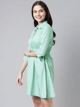 Green White Fit And Flare Dress With Waist Tie Ups